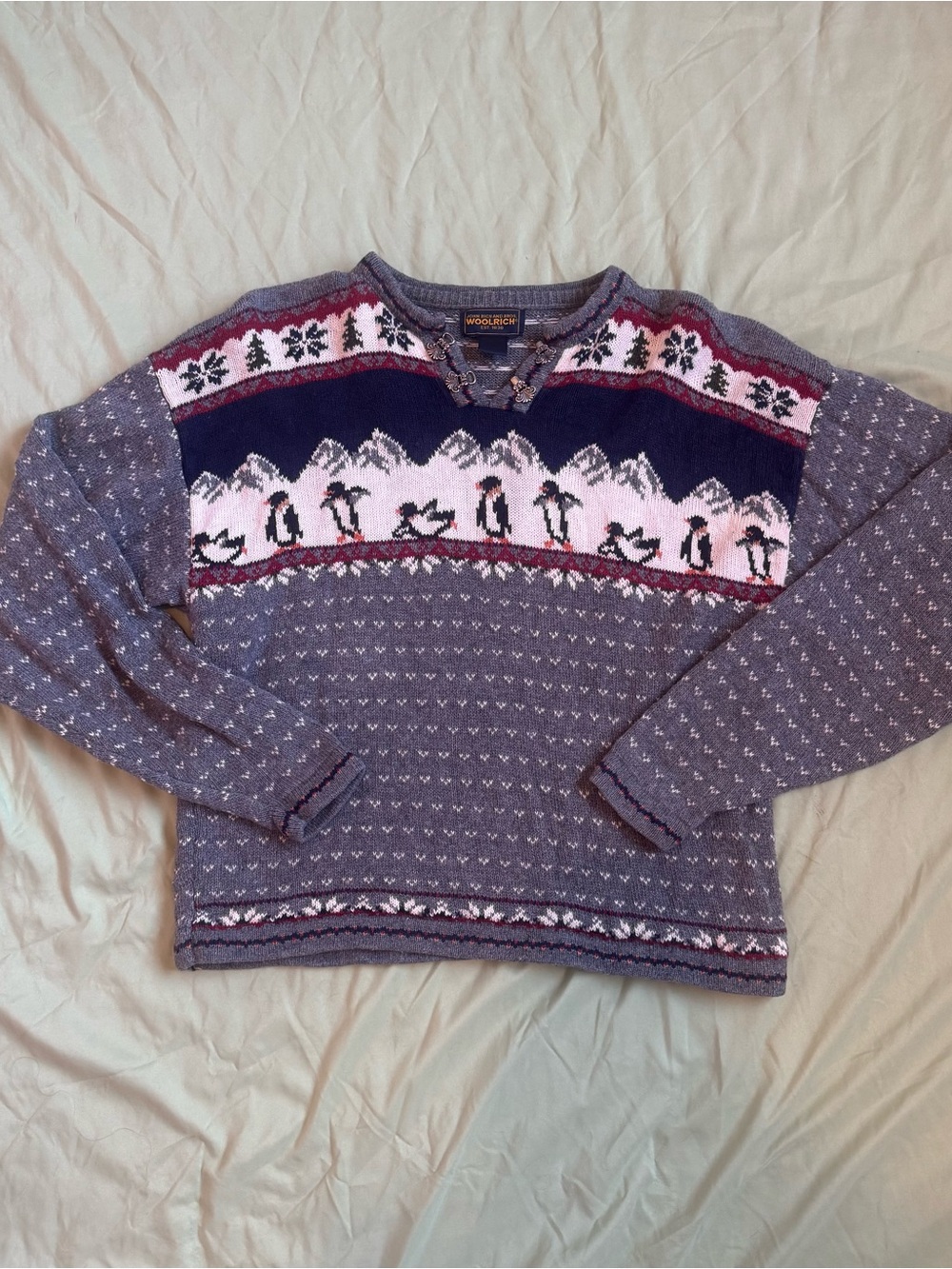 Vintage Woolrich Knit Penguin Fair Isle Sweater with Metal Accent Clasps